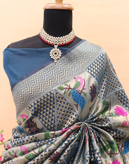 Slate Blue Paithani Silk Saree With Zari Weaving Work