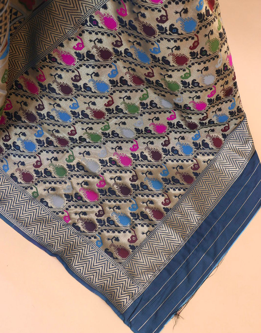 Slate Blue Paithani Silk Saree With Zari Weaving Work