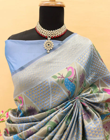 Uranian Blue Paithani Silk Saree With Zari Weaving Work