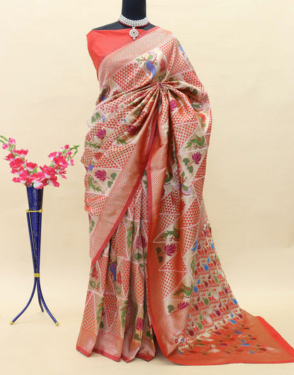 Vermillion Orange Paithani Silk Saree With Zari Weaving Work