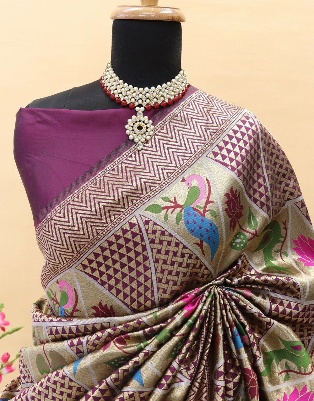 Wine Paithani Silk Saree With Zari Weaving Work