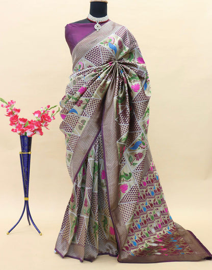 Wine Paithani Silk Saree With Zari Weaving Work