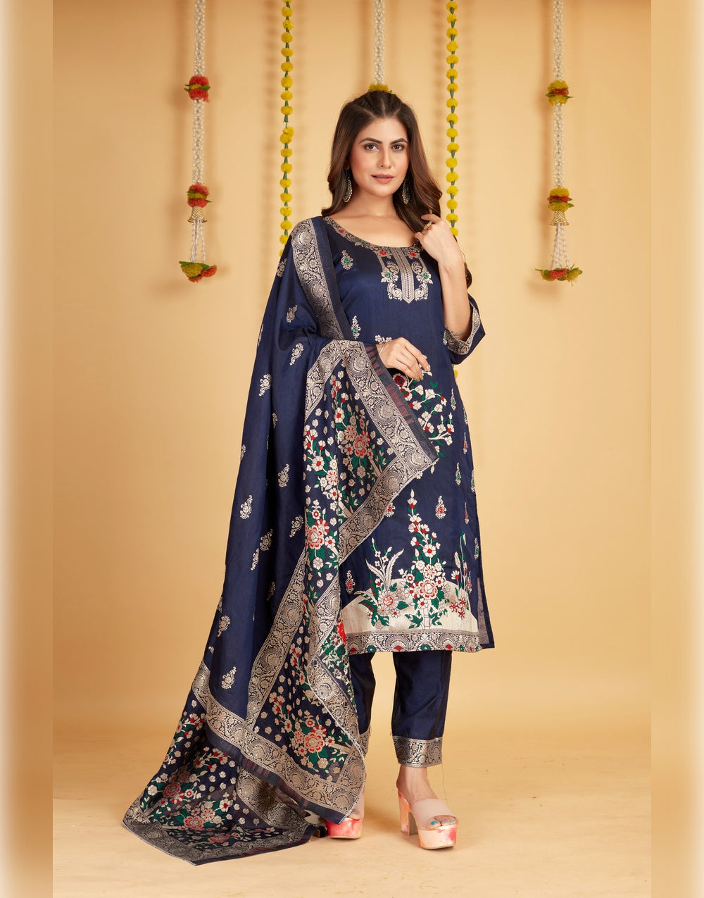 Nevy Blue Paithani Soft Silk Salwar Suit