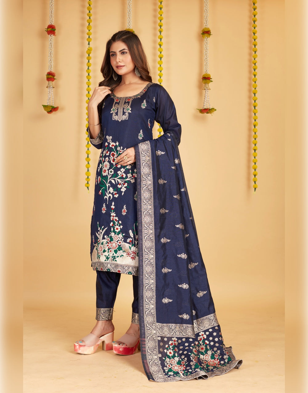 Nevy Blue Paithani Soft Silk Salwar Suit