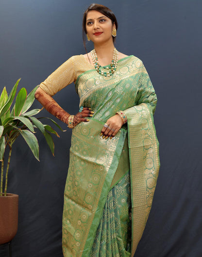 Fern Green Silk Handloom Saree With Zari Weaving Work