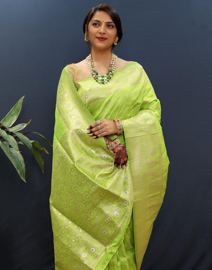 Light Lime Green Silk Handloom Saree With Zari Weaving Work