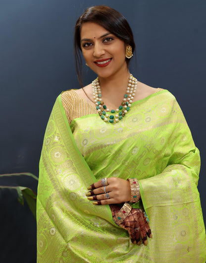 Light Lime Green Silk Handloom Saree With Zari Weaving Work