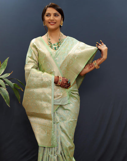 Mint Green Silk Handloom Saree With Zari Weaving Work