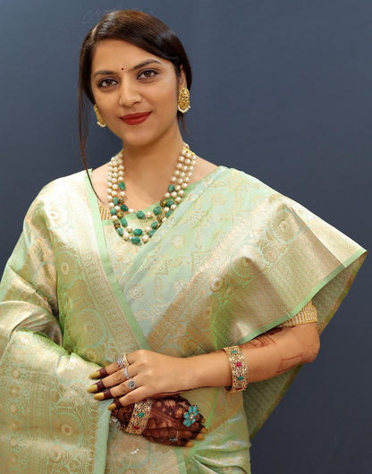 Mint Green Silk Handloom Saree With Zari Weaving Work