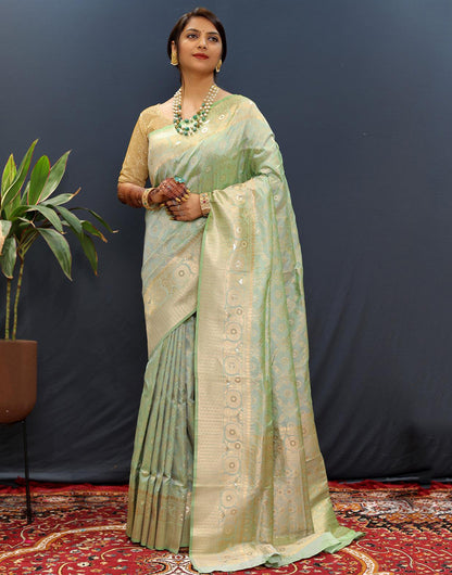 Mint Green Silk Handloom Saree With Zari Weaving Work