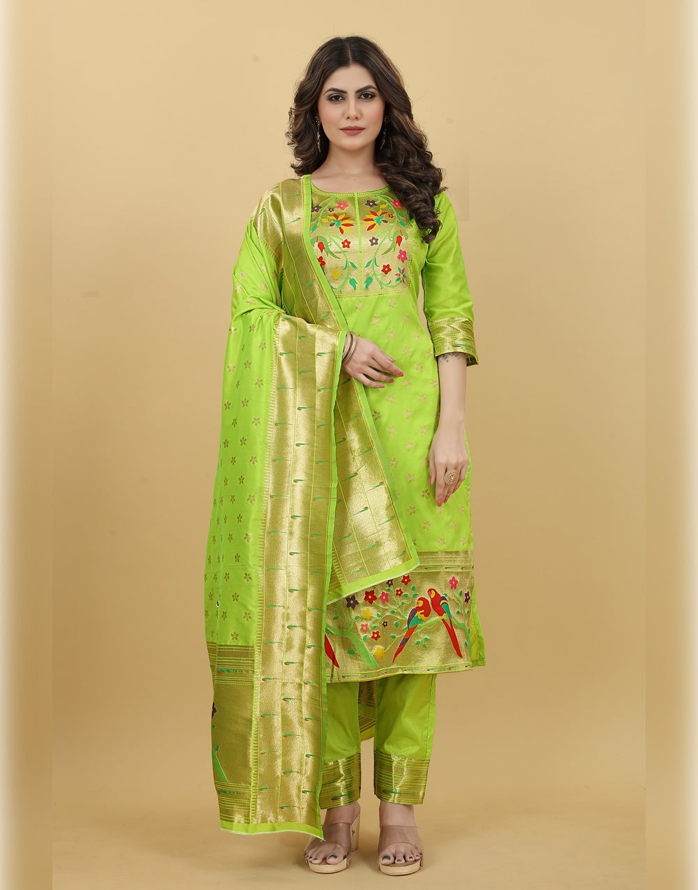 Parrot Green Paithani Soft Silk Salwar Suit