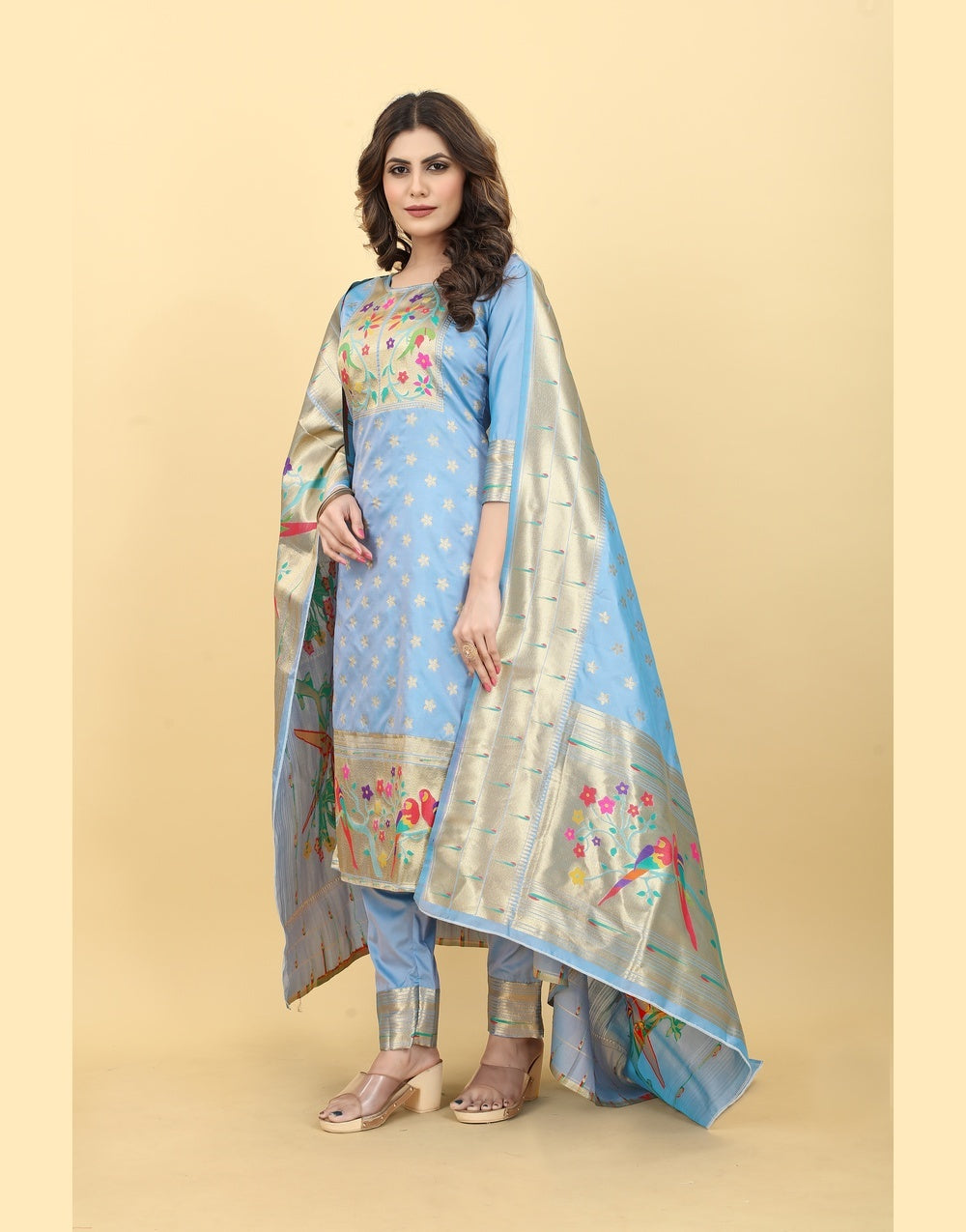 Sea Blue Paithani Soft Silk Salwar Suit