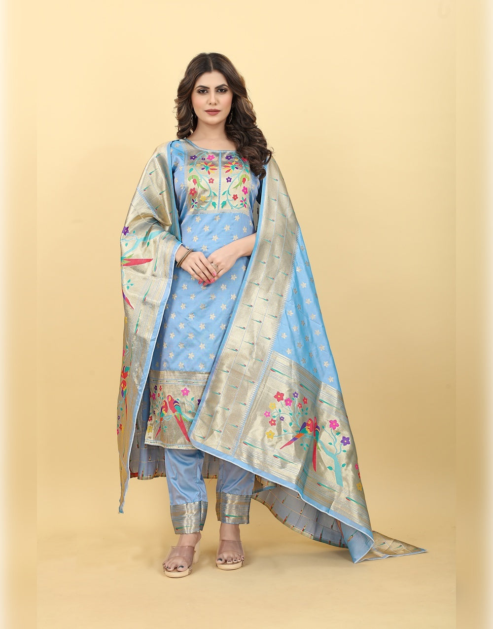 Sea Blue Paithani Soft Silk Salwar Suit