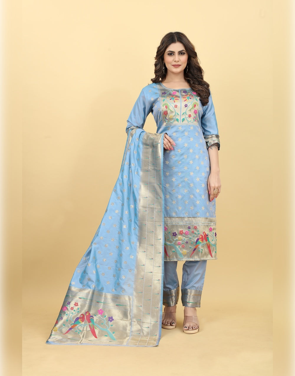 Sea Blue Paithani Soft Silk Salwar Suit