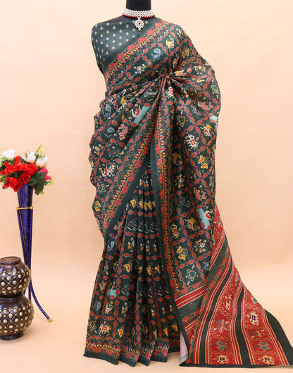 Dark Green Patola Silk Saree With Printed Work