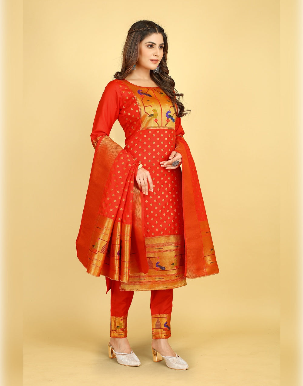 Apple Red Paithani Soft Silk Salwar Suit
