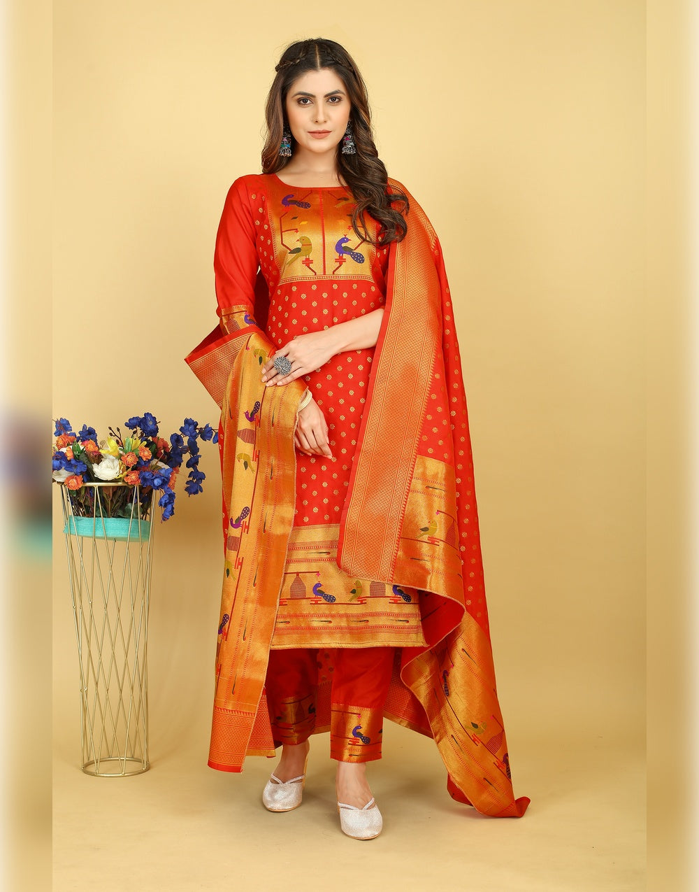 Apple Red Paithani Soft Silk Salwar Suit
