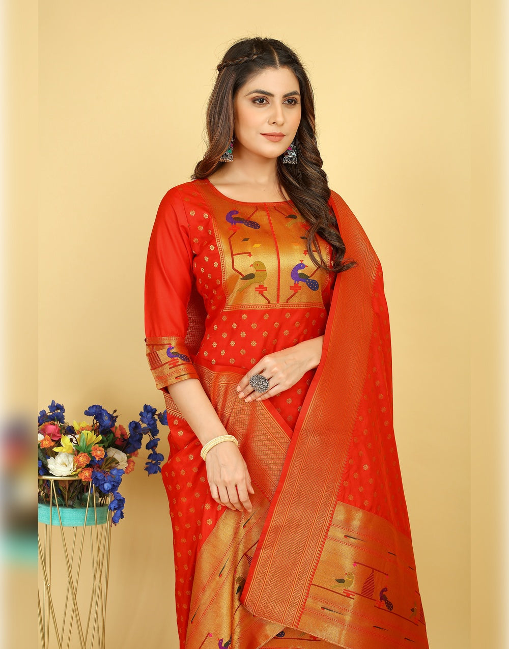 Apple Red Paithani Soft Silk Salwar Suit