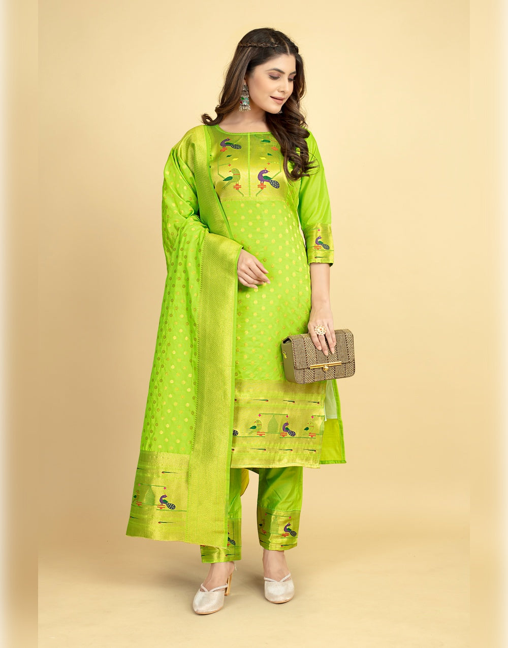 Light Green Paithani Soft Silk Salwar Suit