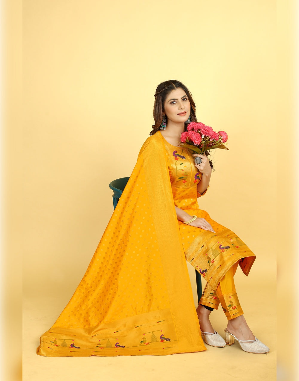 Mustard Yellow Paithani Soft Silk Salwar Suit