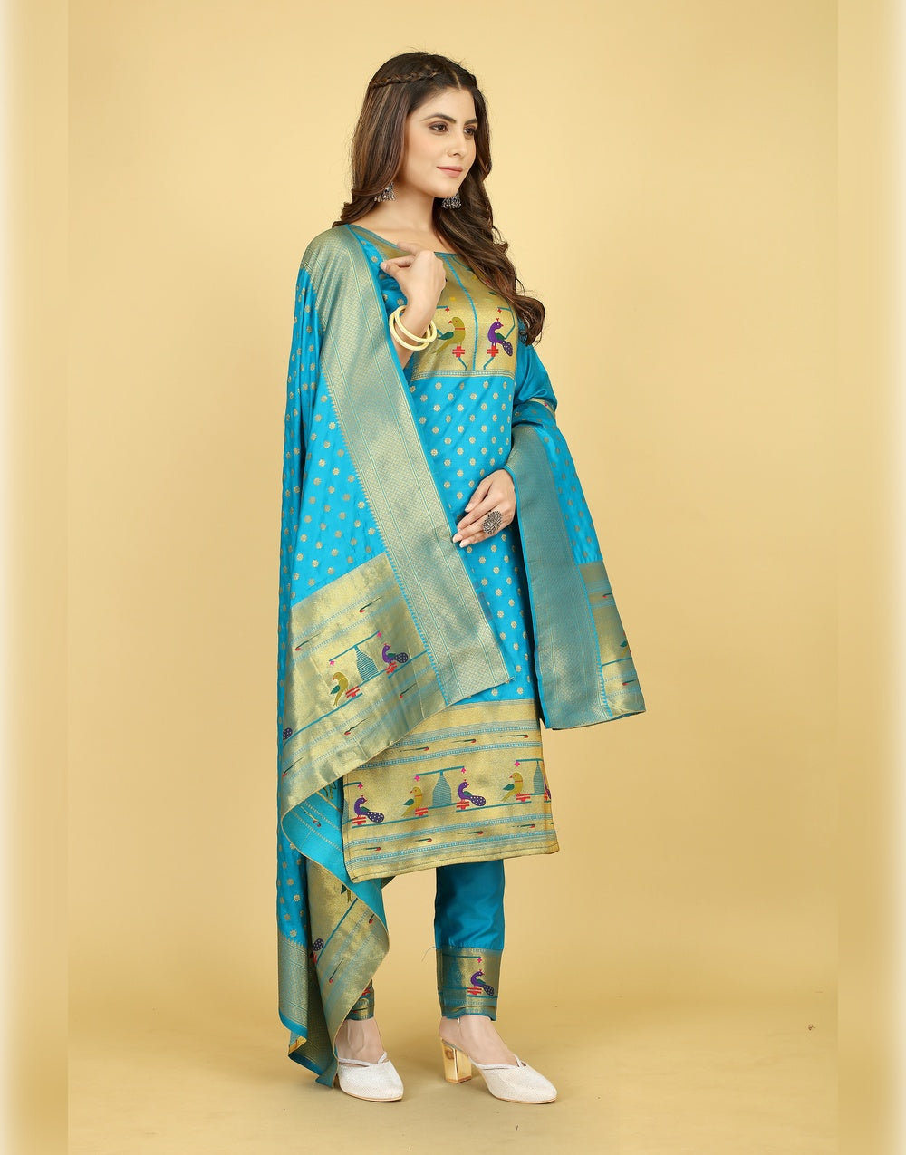 Ocean Blue Paithani Soft Silk Salwar Suit