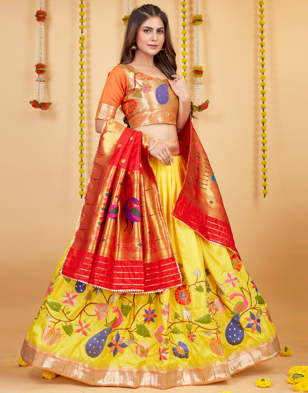 Yellow Soft Paithani Silk Weaving Zari Work Lehenga Choli