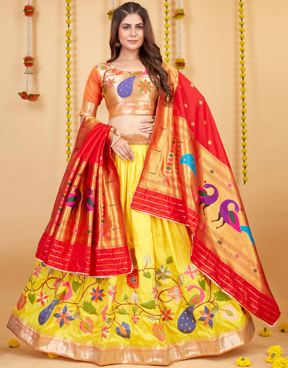 Yellow Soft Paithani Silk Weaving Zari Work Lehenga Choli