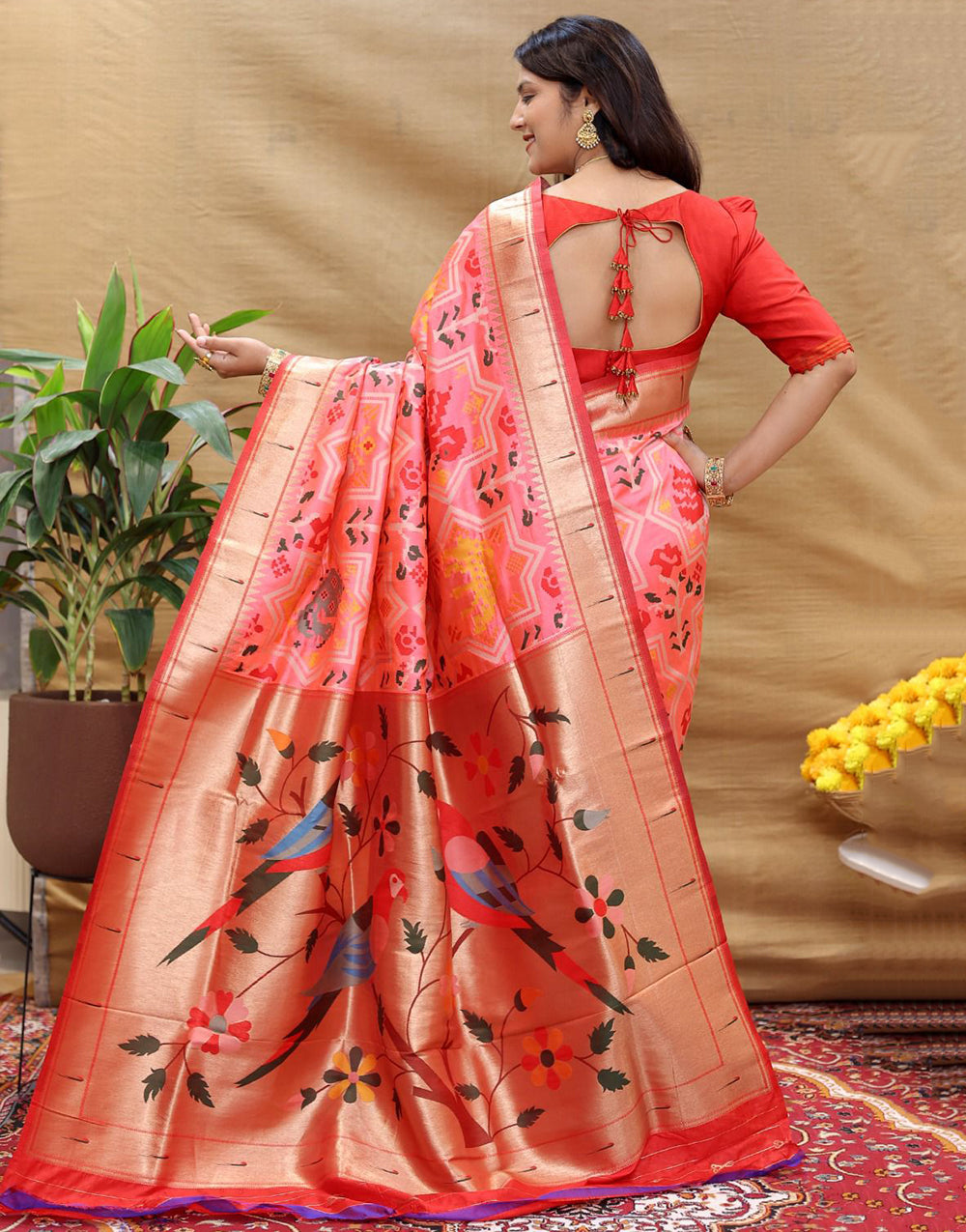 Baby Pink Paithani Silk Saree With Zari Weaving Work