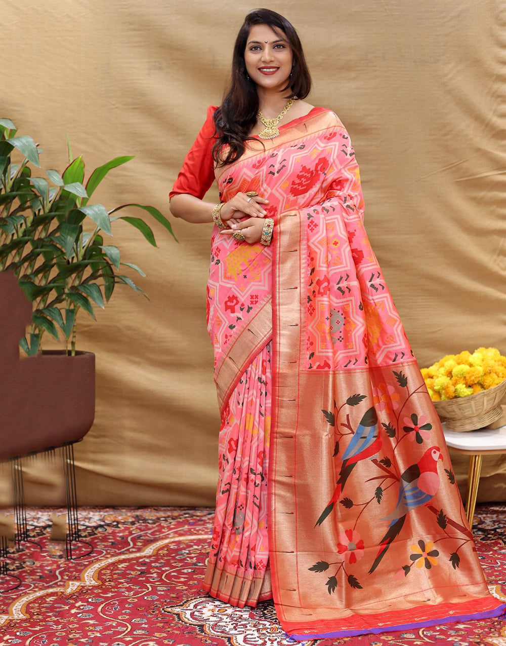 Baby Pink Paithani Silk Saree With Zari Weaving Work