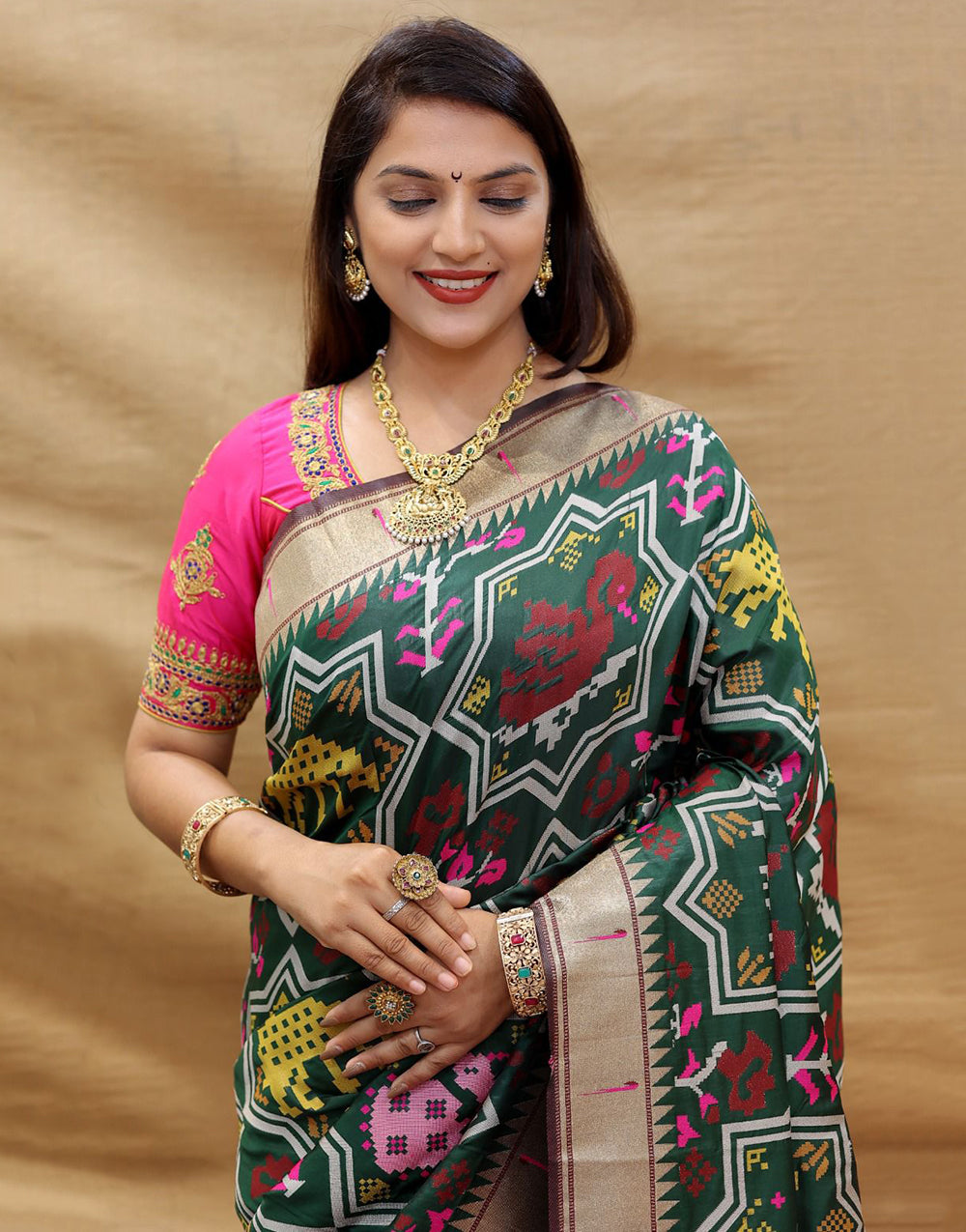 Bottle Green Paithani Silk Saree With Zari Weaving Work