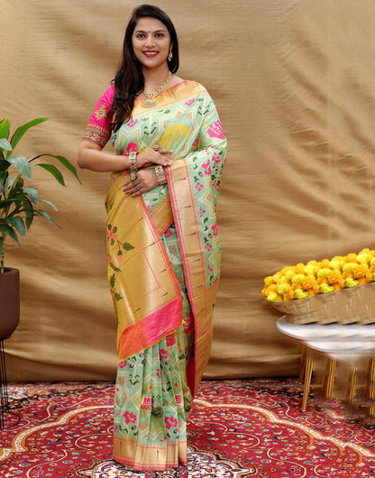 Mint Green Paithani Silk Saree With Zari Weaving Work