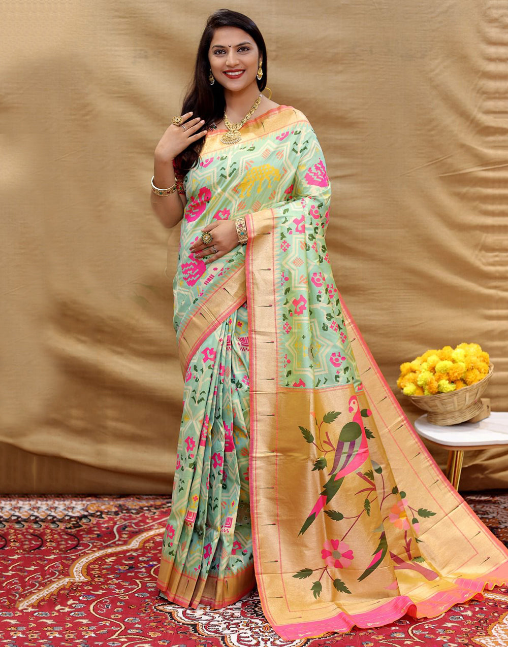 Mint Green Paithani Silk Saree With Zari Weaving Work