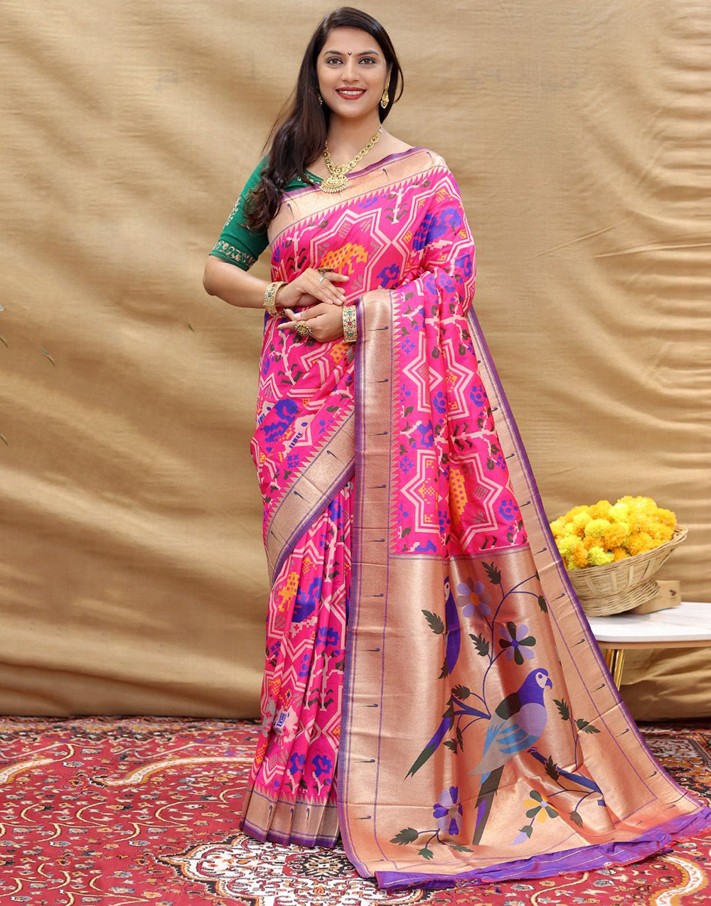 Pink Paithani Silk Saree With Zari Weaving Work