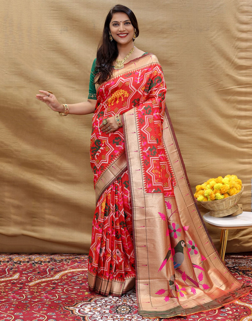 Red Paithani Silk Saree With Zari Weaving Work