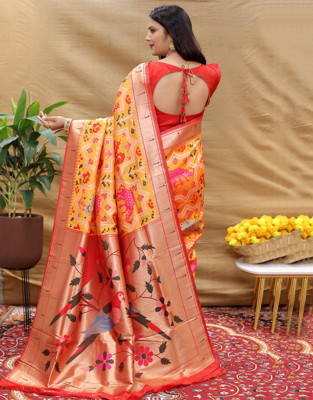 Mustard Yellow Paithani Silk Saree With Zari Weaving Work