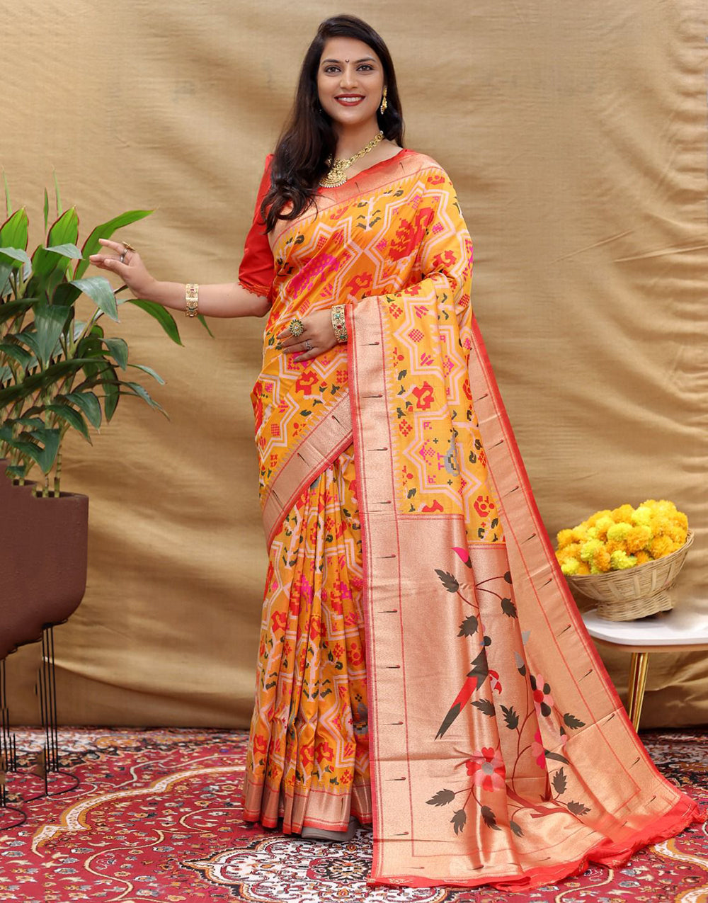 Mustard Yellow Paithani Silk Saree With Zari Weaving Work