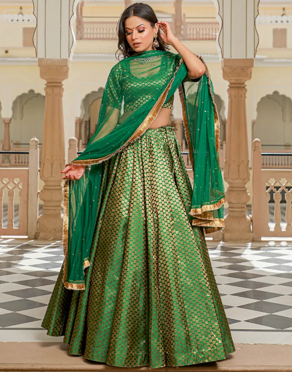 Green Soft Silk With Zari Weaving Lehenga Choli