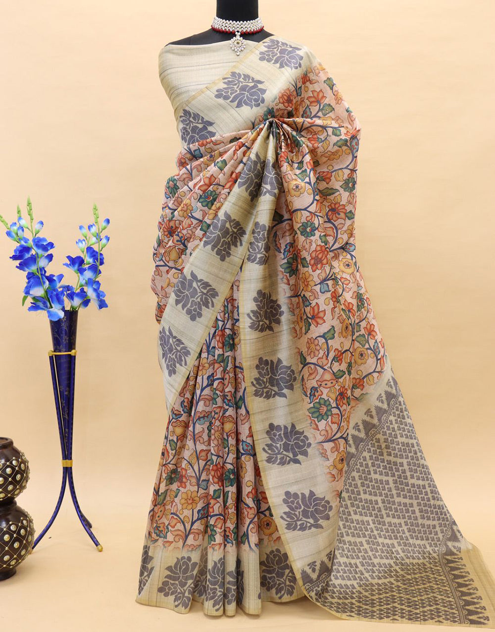 Beige Soft Silk Saree With Printed Work