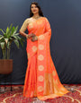 Cantaloupe Orange Handloom Silk Saree With Zari Weaving Work