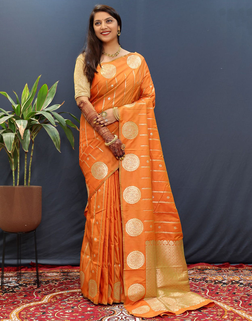 Orange Handloom Silk Saree With Zari Weaving Work