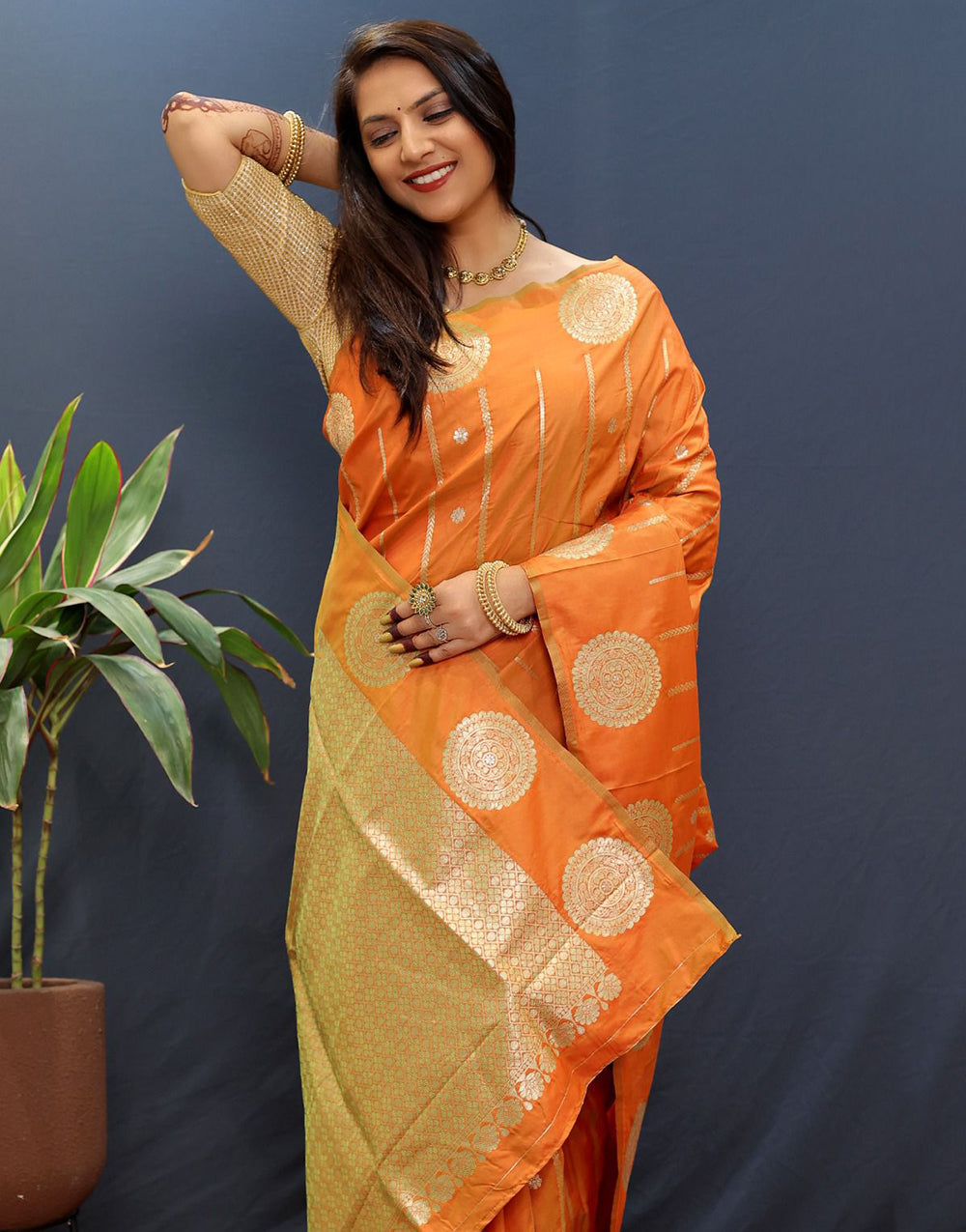 Orange Handloom Silk Saree With Zari Weaving Work