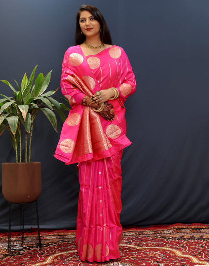 Pink Handloom Silk Saree With Zari Weaving Work