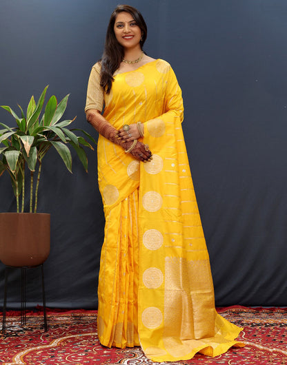 Yellow Handloom Silk Saree With Zari Weaving Work