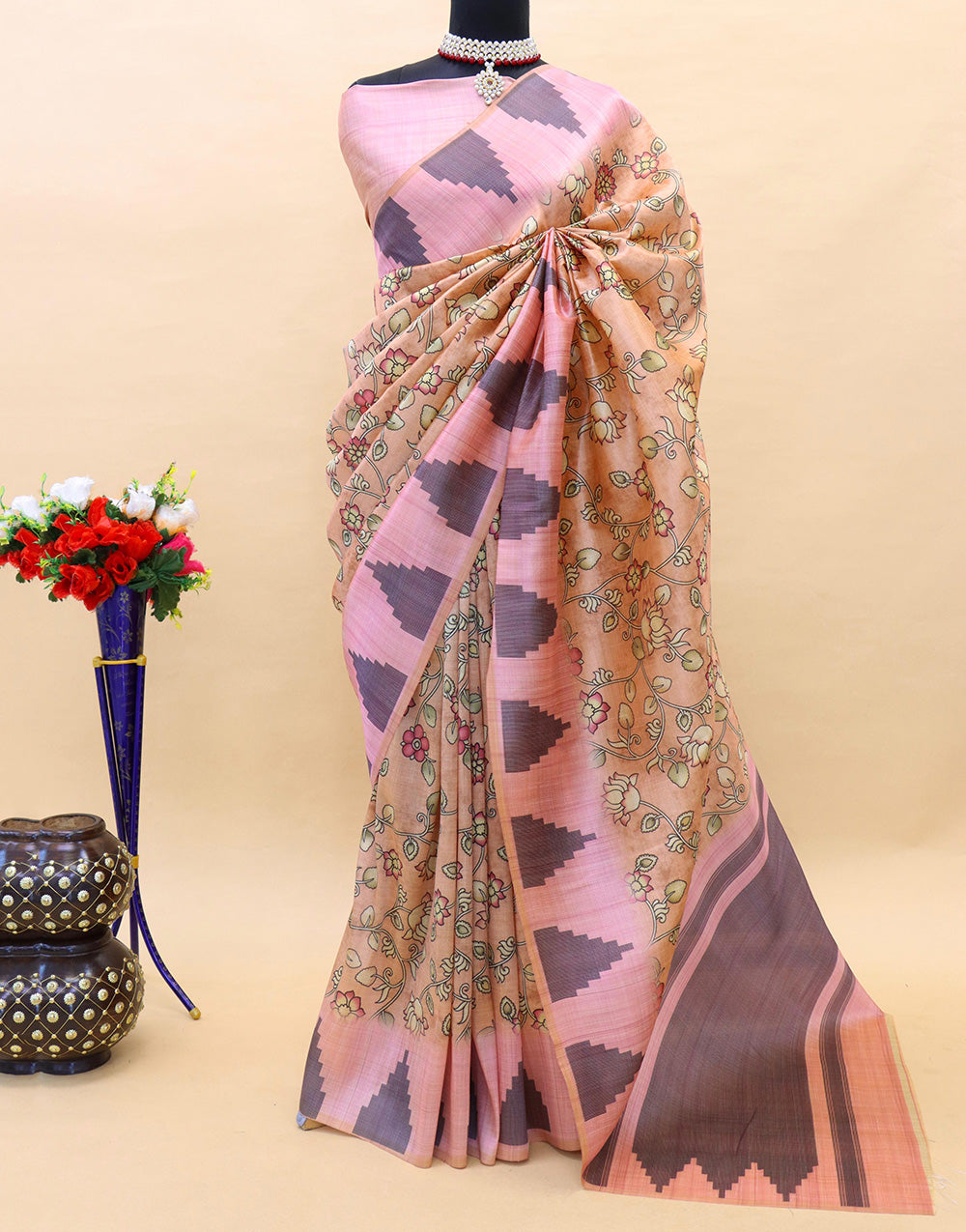 Light Peach Color Soft Silk Saree With Kalamkari Printed Work