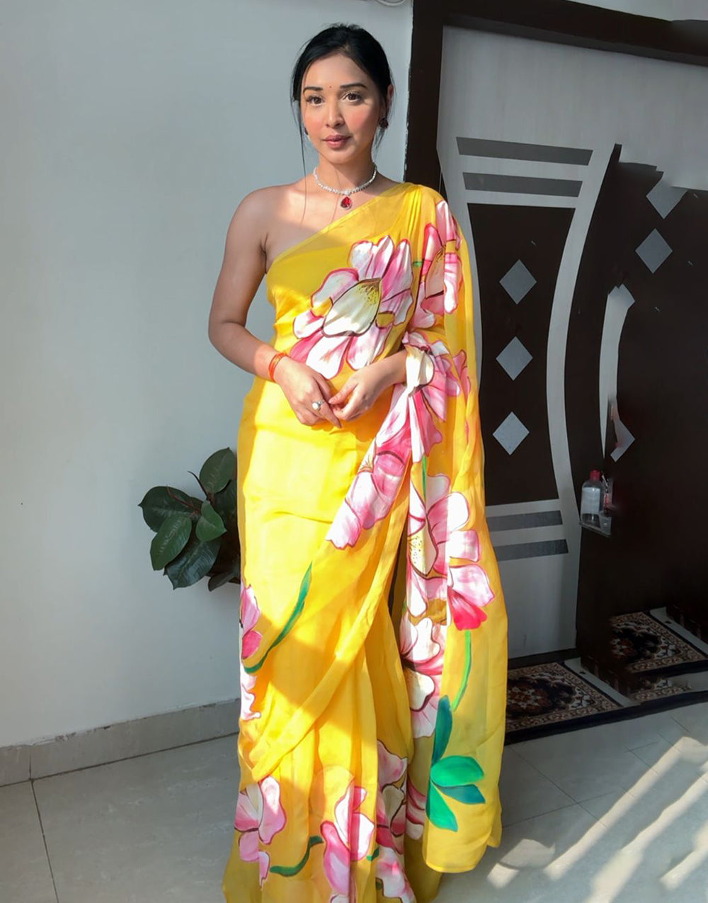 Yellow Soft Organza Ready To Wear Saree With Printed Work