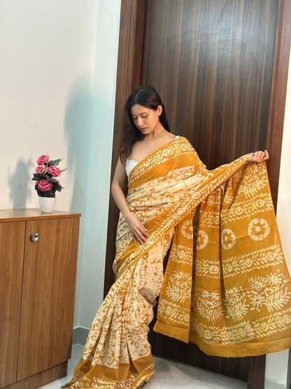 Mustard Mul Cotton Ready To Wear Saree With Pocket
