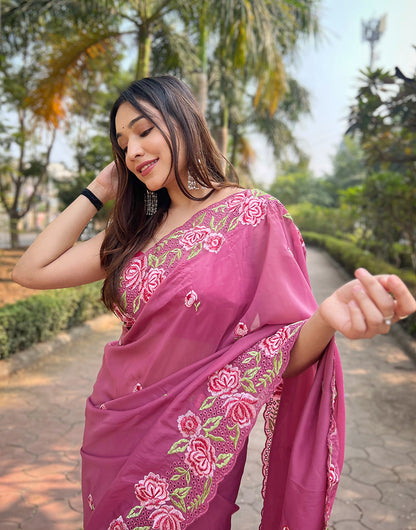 Thulian Pink Georgette Saree With Embroidery Work