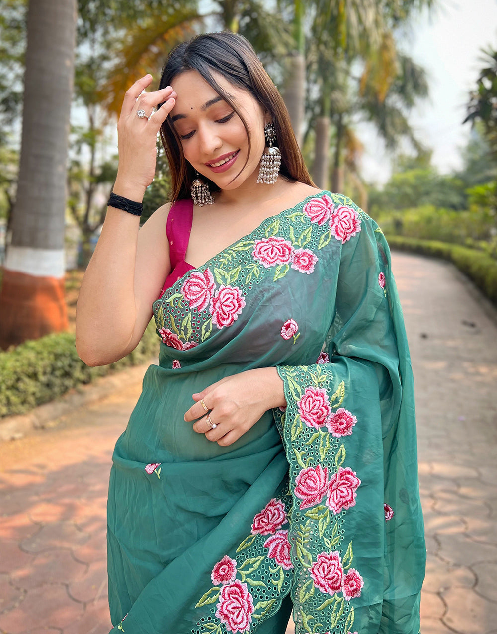 Teal Green Georgette Saree With Embroidery Work