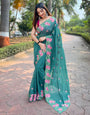Teal Green Georgette Saree With Embroidery Work