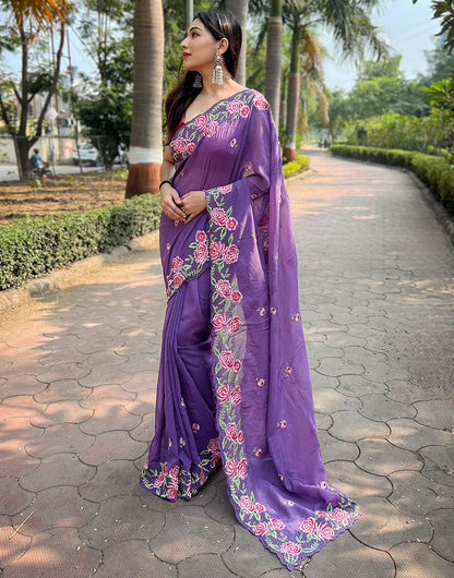 Luxury Purple Georgette Saree With Embroidery Work